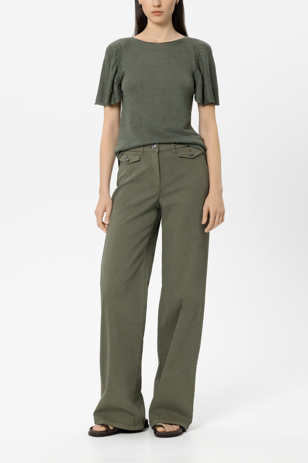 Leinen-Rundhals-Pullover - khaki - Standard | Model Front