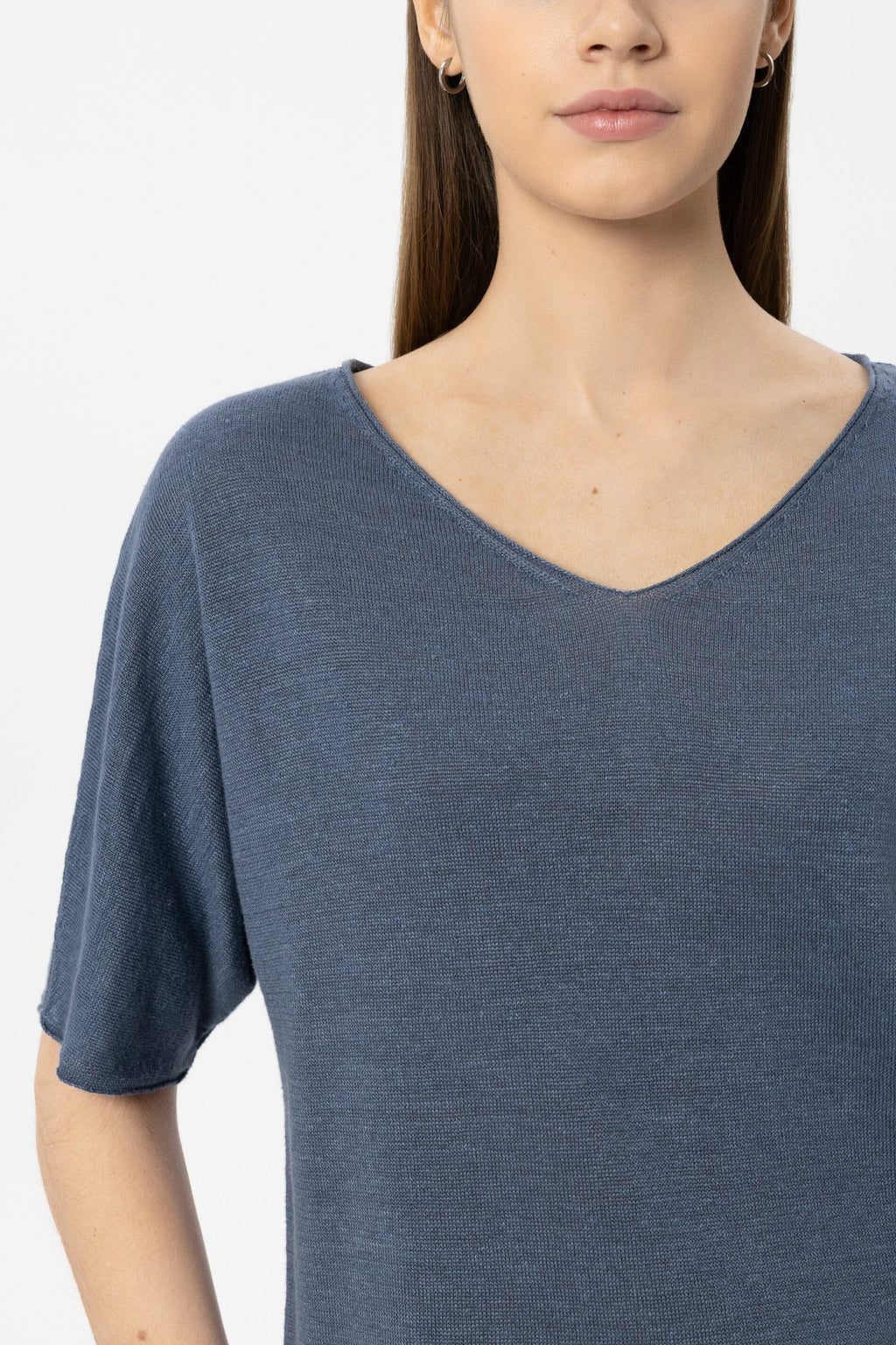 Linnen trui met V-hals - blauw getint - Standaard